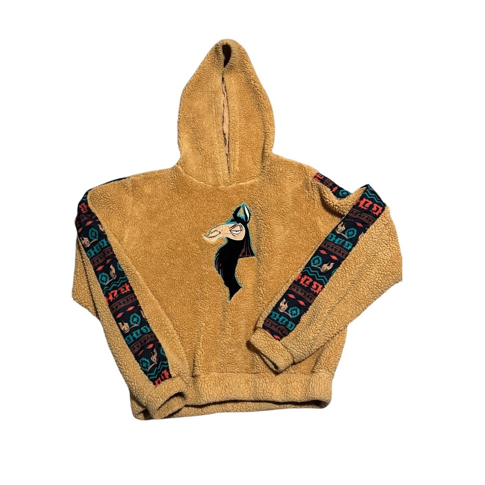 Disney Emperors‎ New Groove Kuzco Llama Sherpa Sz LG Hoodie Tan Fleece Pullover